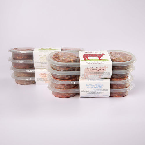 Four stacked plastic containers filled with LUNA & me Gentle Essentials raw dog food patties