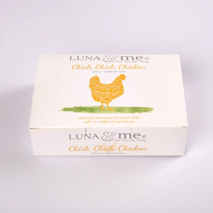 A box of Chick, Chick, Chicken raw dog food from LUNA & me