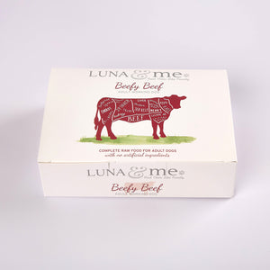 A box of Beefy Beef raw dog food from LUNA & me 