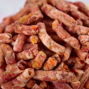Close up of duck mince meat raw dog food from LUNA & me