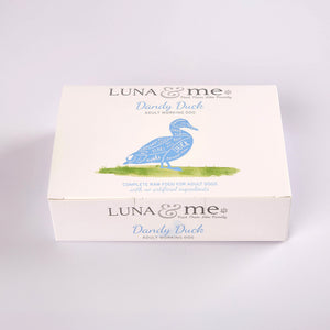 A box of Dandy Duck raw dog food from LUNA & me