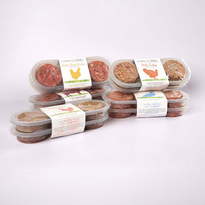 Five stacked plastic containers filled with LUNA & me Growing Up Box raw dog food patties