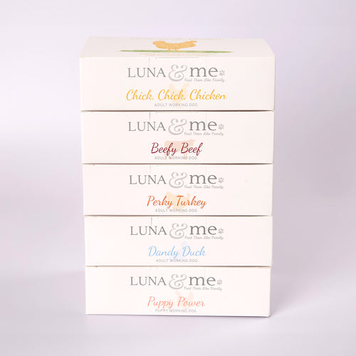 Five stacked boxes filled with LUNA & me raw dog food mince containing chicken, beef, turkey, duck, and puppy power