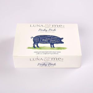 A box of Porky Pork raw dog food from LUNA & me
