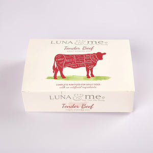 A box of Tender Beef raw dog from LUNA & me