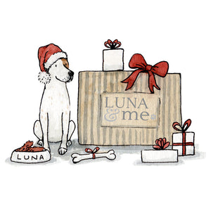 Illustration of a dog - 'Luna' - next to a LUNA & me box and wrapped gifts.