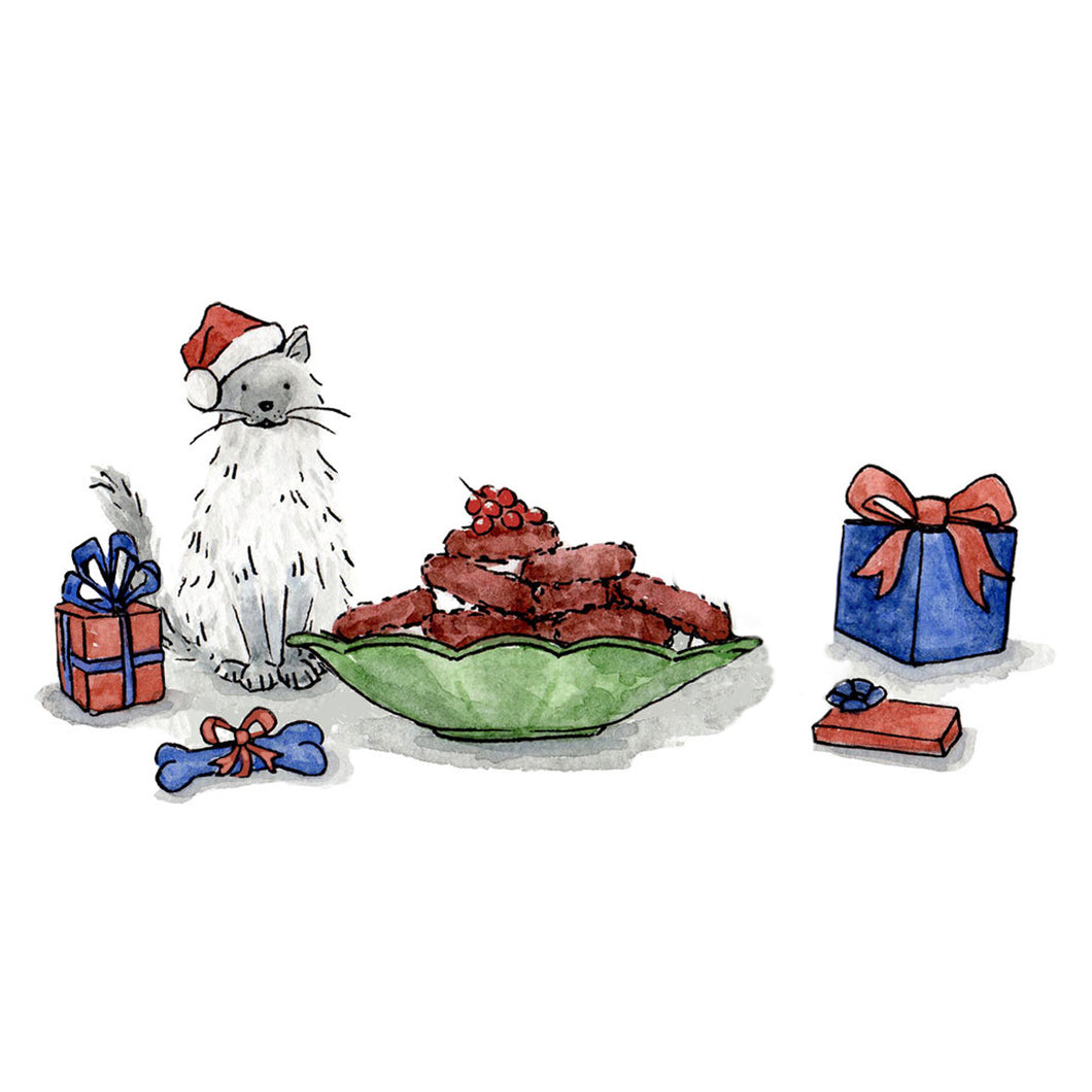 Illustration of a cat in a Santa hat next to the Three Bird Feast, surrounded by wrapped gifts
