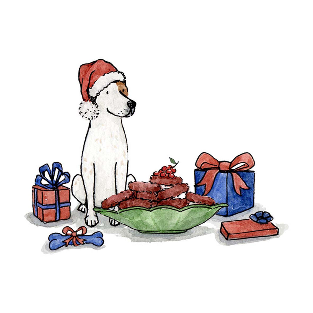An illustration of a dog dressed in a Santa hat next to the Three Bird Feast, surrounded by wrapped gifts.